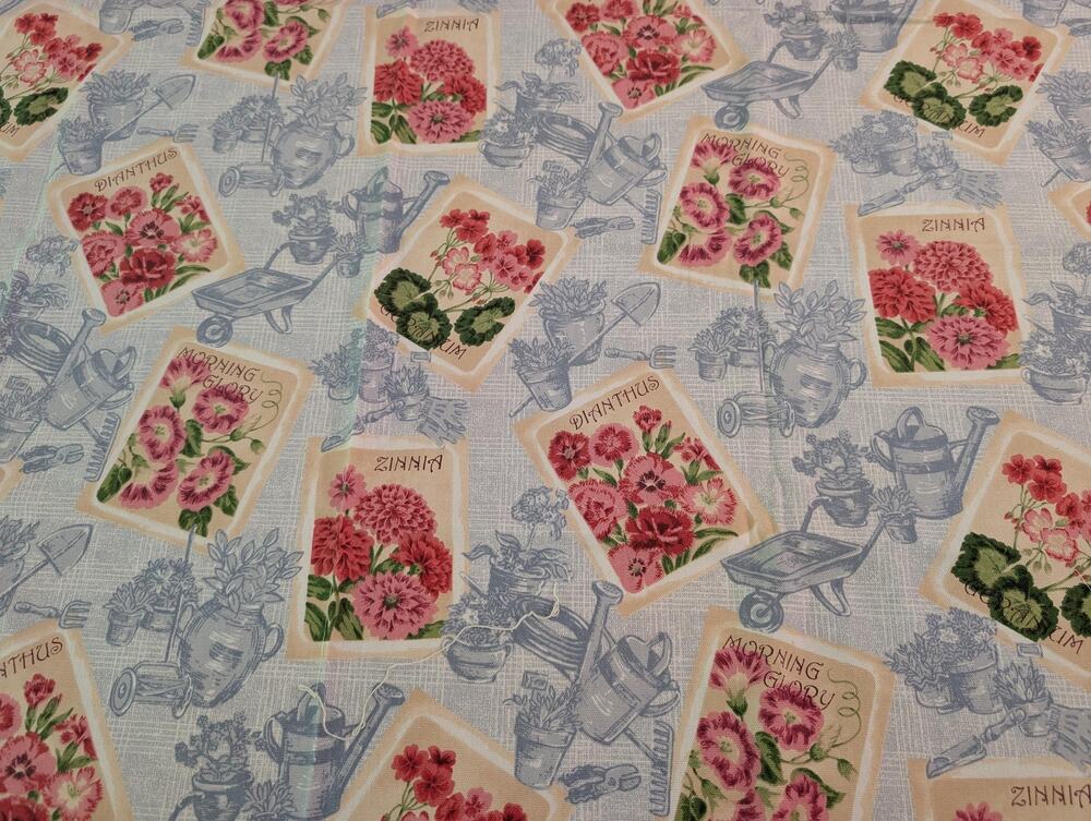 Vintage Seed Packet Floral Garden Cotton Fabric Remnant 38x30